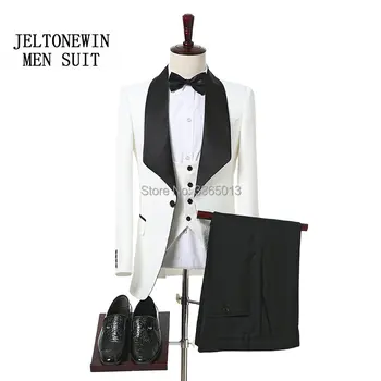 Новейшие дизайны пальто и брюк, облегающие Белые мужские костюмы из 3 предметов, черная шаль с лацканами, свадебное платье для мужчин, костюмы на заказ, смокинг