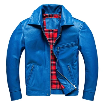 Повседневная куртка из натуральной кожи Мужская Синяя куртка из воловьей кожи в стиле Slim Rider Осенне-весенняя одежда из мягкой телячьей кожи, короткое мотоциклетное пальто
