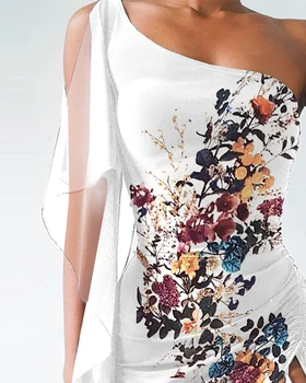 RMSFE 2021, женское платье без рукавов с диагональными плечами, Белый цветочный принт, сетчатый рукав с разрезом, модное сексуальное платье