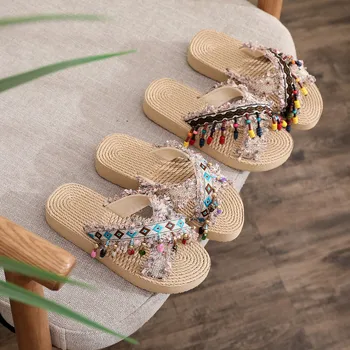 Летние Повседневные шлепанцы для девочек, Удобные льняные тапочки в этническом стиле с вышитыми кисточками, Льняные сандалии с открытым носком, детская домашняя обувь
