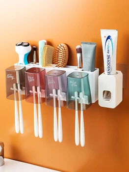 Держатель зубной щетки для ванной Комнаты, Автоматический дозатор зубной пасты, Настенный Стеллаж для хранения с чашками для зубной щетки, Набор аксессуаров для ванной комнаты