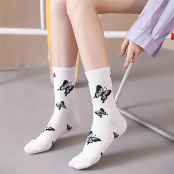 Женские хлопковые носки в уличном стиле, простые модные женские носки-трубки с рисунком бабочки, спортивные носки Tide