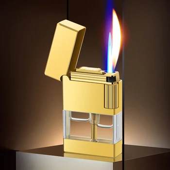 Металлический Прозрачный Масляный бак, Турбо-зажигалка, Реактивное пламя, Конверсионная зажигалка с открытым пламенем, Ветрозащитный Гаджет для прикуривания бутановых сигар.