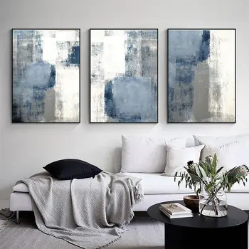 Синий, темно-серый, холст, Абстрактный настенный художественный плакат, Синяя кисть, художественные принты, Скандинавские настенные панно для домашнего декора спальни