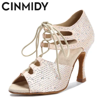 CINMIDY Туфли для латиноамериканских танцев, женские туфли для танцев из кожи, атласа, блестящих страз, Узкие танцевальные босоножки, расклешенный каблук 7,5 см