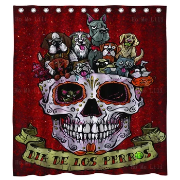 День мертвых Арт Собаки Кошки Животные Хэллоуин Мозаика Сахарный Череп Занавески для душа в Мексиканском традиционном стиле