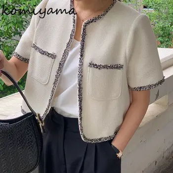 Komiyama Small Fragrance Твидовые куртки контрастного цвета Весенне-летняя одежда Женские пальто с круглым вырезом и коротким рукавом Винтажная верхняя одежда