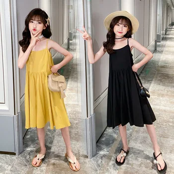 Новое летнее платье для девочек в корейском стиле, однотонные повседневные платья для девочек-подростков, детская летняя одежда, милое пляжное платье для девочек, #0040
