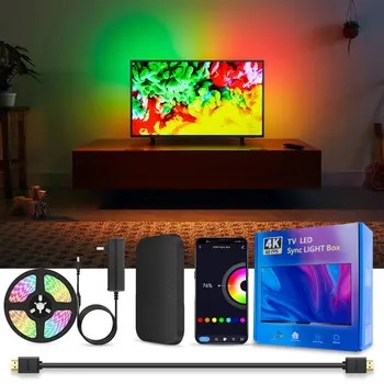 Комплект светодиодной Подсветки WiFi TV, Коробка синхронизации HDMI и Светодиодная лента RGB длиной 5 м для 55-65-дюймового экрана телевизора, Поддержка Alexa и Google Assistant