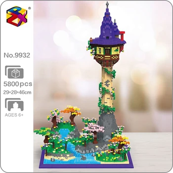 PZX 9932 World Architecture Волшебный замок, утес, башня маяка, озеро, сад, сделай сам, мини-алмазные блоки, кирпичи, Строительная игрушка без коробки