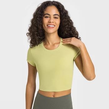Рубашка для йоги с коротким рукавом, женские спортивные топы в рубчик с круглым вырезом, укороченный топ для тренировок в тренажерном зале, Повседневная футболка для фитнеса, облегающая эластичная спортивная одежда