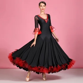 Черно-красное Платье для бальных танцев в стиле Ретро с Расклешенными рукавами, Стандартная одежда для танцев, Платье для Венского Вальса, костюм для Фокстрота, Бальное платье