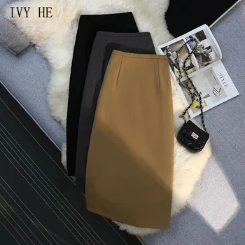 IVY HE Модная Корейская версия женской длинной юбки Миди 2023, Осенняя офисная Новинка, Однотонная юбка с высокой талией, Юбки Traf