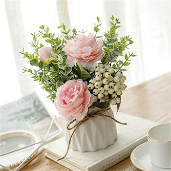 Искусственные цветы в маленькой керамической вазе, шелковые розы, искусственные растения, украшения для дома