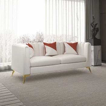 80-Дюймовый современный диван с бархатной обивкой, с глубоким швеллером и металлическими ножками насыщенного золотистого цвета, бежевый
