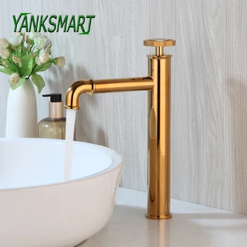 YANKSMART Золотой Смеситель для раковины в ванной комнате из цельной латуни, установленный на бортике промышленного уникального дизайна, смеситель для горячей и холодной воды