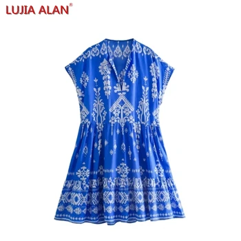 Новое женское мини-платье с V-образным вырезом и синим принтом, женское повседневное платье с рукавом Реглан, свободные платья LUJIA ALAN WD2218