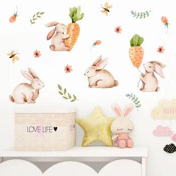 Мультяшные милые кролики, Морковные цветы, Зеленые листья, акварельные наклейки на стены, Виниловые наклейки для детской комнаты, домашний декор для детской комнаты