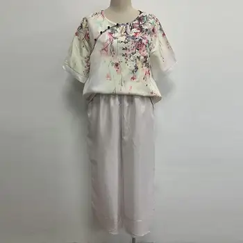 Элегантная женская одежда, Дышащая блузка с цветочным узором, брюки с короткими рукавами, Мягкая блузка, брюки, весенняя одежда