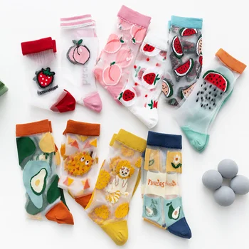 Весенне-летние новые женские носки Японская фруктовая открытка, супертонкие носки, дышащие носки средней высоты, стеклянные шелковые носки