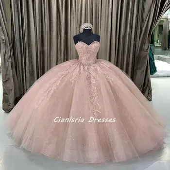 Розовое пышное платье с блестками и бисером, бальное платье без рукавов, кружевной корсет с аппликациями, Sweet 15 Vestidos De Quinceanera