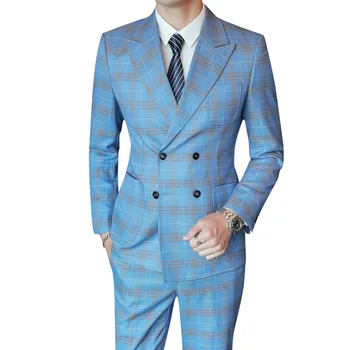 Мужские костюмы, роскошный модный мужской деловой повседневный синий костюм в клетку из 3 предметов, свадебное платье жениха, смокинг