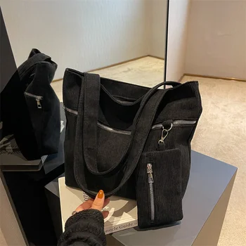 Женская вельветовая сумка на молнии через плечо, хлопковая холщовая сумка, повседневная сумка-тоут, женская сумка через плечо, винтажные сумки-мессенджеры, 2 шт