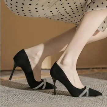 30-44 Модные черные женские туфли-лодочки на высоком каблуке с острым носком-стилетто