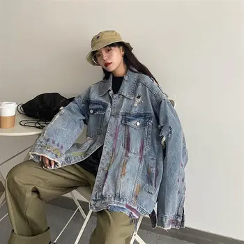 Рваная джинсовая куртка для женщин, новая корейская версия, свободного покроя, тренд куртки с граффити в гонконгском стиле