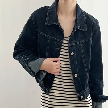 2023 Весна-лето Новая женская винтажная джинсовая куртка с Корейским отворотом, однобортная короткая H9902