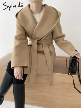 Syiwidii Шерстяная Куртка для Женщин 2023 На шнуровке С Капюшоном Женская Куртка Винтажная Повседневная Корейская Мода Средней Длины Теплая Верхняя Одежда