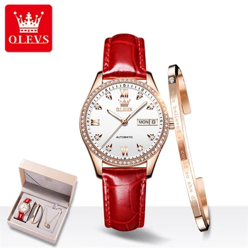 OLEVS Модные автоматические механические часы для женщин, светящиеся водонепроницаемые женские механические часы с автоподзаводом, набор браслетов и ожерелий
