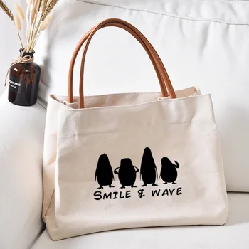 Холщовая сумка-тоут с принтом в виде забавных букв Simle и Wave, сумка для работы, сумка для книг, подарок, женская пляжная сумка, прямая поставка