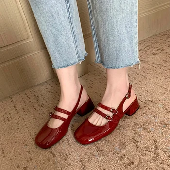 Классические женские босоножки из лакированной кожи красного цвета Mary Jeans на среднем каблуке, туфли с двумя пряжками на ремне, женская обувь без застежки