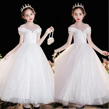 Свадебное платье для девочек, вечернее бальное платье принцессы, детские белые длинные вечерние платья для выпускного вечера с цветочным узором для девочек, детские платья для выпускного вечера