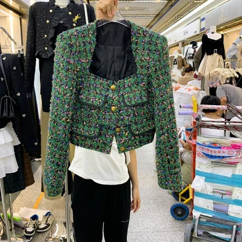 Женская винтажная однобортная твидовая куртка зеленого цвета с длинным рукавом, элегантная верхняя одежда с квадратным вырезом, женская верхняя одежда с высокой улицей, топ