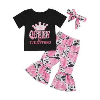 FOCUSNORM для малышей от 0 до 4 лет, комплекты одежды из 3 предметов для девочек, футболка с буквенным принтом короны + Расклешенные брюки с рисунком коровы + повязка на голову