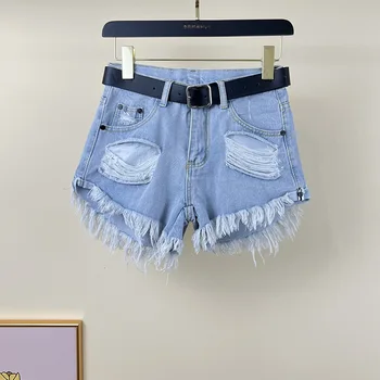 Синие джинсовые шорты Женские 2023, Новые летние уличные пикантные женские брюки с перфорацией и рваным краем, Модные широкие брюки трапециевидной формы