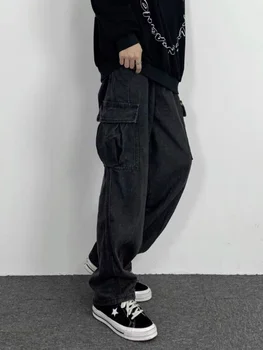 Темные прямые джинсы, мужские Корейские осенне-зимние винтажные Черные джинсовые брюки, женские Популярные Выстиранные Свободные брюки-карго