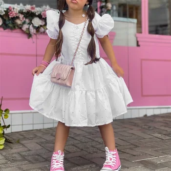 Платье с коротким рукавом для маленьких девочек, Двухслойное платье свободного кроя с цветочным узором и пуговицами спереди