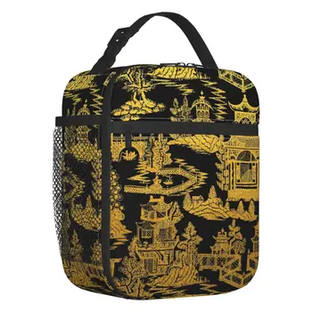 Золотисто-черная Китайская Пагода, Изолированные сумки для ланча, Женские сумки с рисунком Китайской Ивы, Портативный термоохладитель, коробка для Бэнто, для путешествий на открытом воздухе