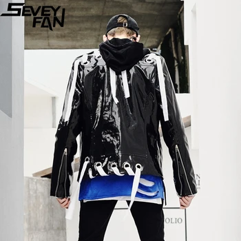 SEVEYFAN Мужские блестящие черные мотоциклетные куртки из искусственной кожи с лентами, Корейское пальто для ночного клуба DJ в стиле хип-хоп для мужчин