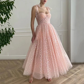 Розовые вечерние платья 2023, выпускные платья миди на тонких бретельках с карманами, свадебные платья чайной длины.