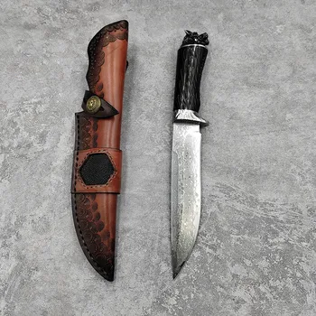 2023 Новейший дамасский стальной нож VG10 с волчьей головой и деревянной ручкой, прямой нож, охотничий нож для выживания в кемпинге на открытом воздухе