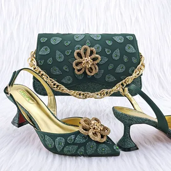 Женская сумочка в классическом стиле зеленого цвета 2023 года, комплект обуви и сумки для африканской свадебной вечеринки на высоком каблуке в тон, 7,5 см