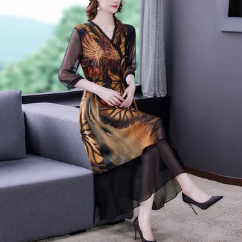 Осеннее повседневное платье Миди с винтажной сетчатой вставкой из натурального шелка, женское Элегантное облегающее вечернее платье Vestidos 2023