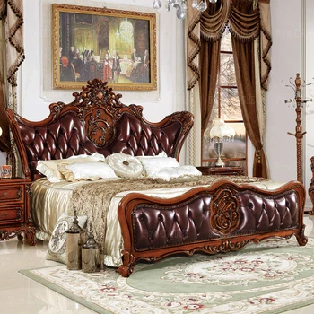 Европейская двуспальная кровать Американская кровать из натуральной кожи с простой резьбой villa lantern из массива дерева