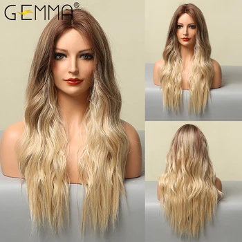 GEMMA Длинные волнистые синтетические кружевные парики, Омбре, коричнево-русый парик с кружевом спереди для женщин, натуральная средняя часть, повседневные волосы Лолиты для косплея.
