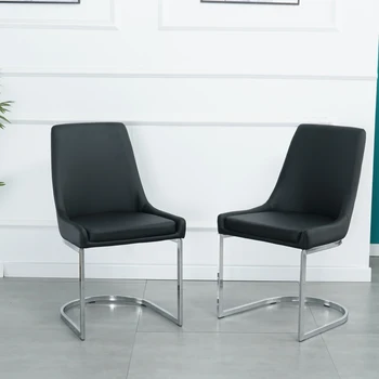 Набор из 2 современных обеденных стульев с металлическим основанием, Высококачественная мебель для столовой, Удобное сиденье из искусственной кожи черного цвета