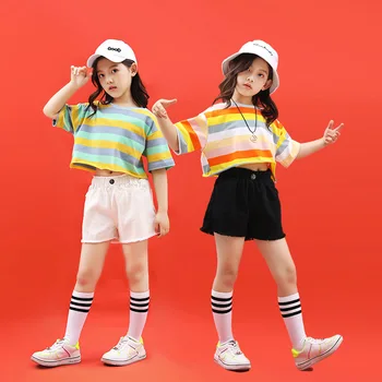 Одежда для девочек в стиле хип-хоп, укороченная футболка в цветную полоску + джинсовые шорты, Летние детские костюмы для джазовых танцев, подростковая одежда